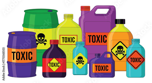 Collection of colorful containers and barrels vividly displaying toxic hazard symbols and warnings for danger