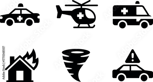 Set of six black and white emergency service icons for safety and rescue operations vector