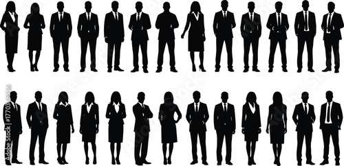 Business professional silhouettes in formal attire and expressive poses, vector illustration for corporate, HR, and workplace design themes