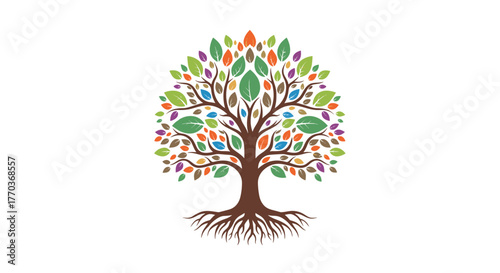 Vibrant tree of life symbolizes growth, connection, and diverse potential with colorful leaves and strong roots
