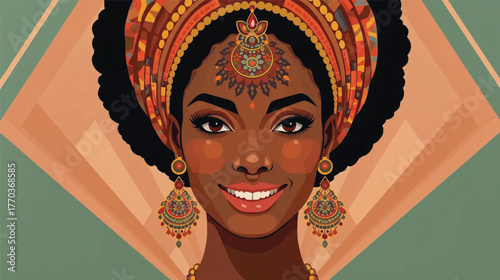 Smiling African Woman in Vibrant Flat Vector Style.
