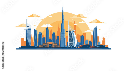 Stunning modern cityscape silhouette at sunset with iconic skyscrapers and warm sky, representing global business and travel destinations