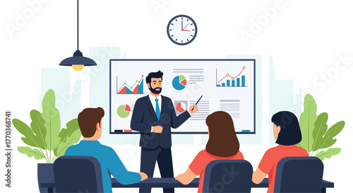 Dynamic business professional confidently presenting growth strategies with charts on whiteboard to engaged team members in modern office