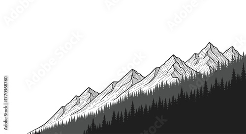 Majestic mountain range with dense pine forest below, evoking adventure and wild natural beauty