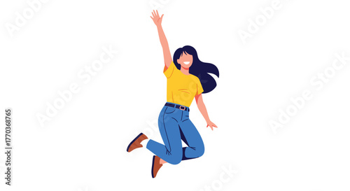 Joyful woman mid-air celebrating success with energetic leap and raised arm, radiating pure happiness and freedom