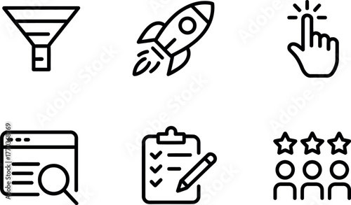 Set of six minimalist line art icons representing business concepts like funnel rocket search list and reviews vector