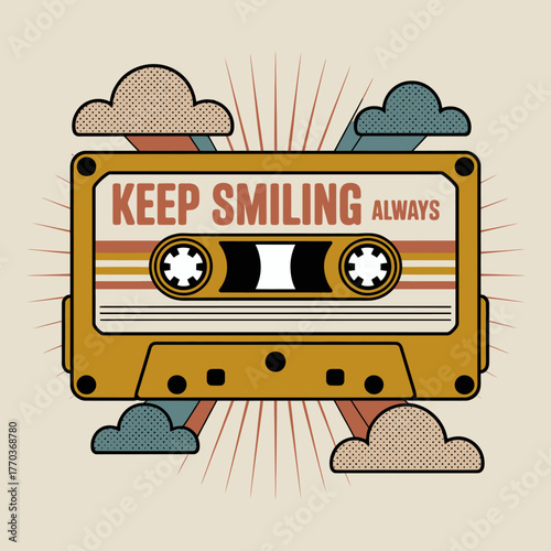 Retro cassette tape with "keep smiling always" text and abstract sunburst rays surrounded by stylized clouds evoking nostalgia and positive vibes for graphic design vector