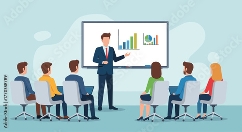 Dynamic presenter confidently shares growth charts with engaged team in a modern conference room setting