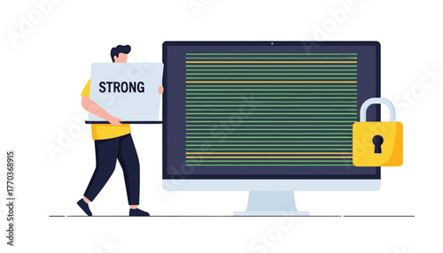 Person proudly holds 'STRONG' sign next to computer screen with secure padlock, symbolizing data protection and cybersecurity