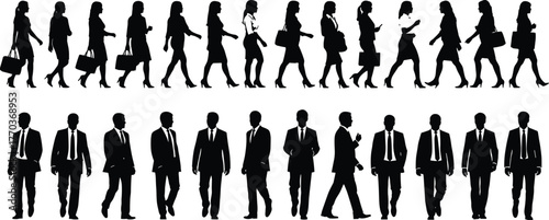 Walking cycle silhouettes of business professionals in formal attire, vector illustration for animation, fashion, and workplace design themes