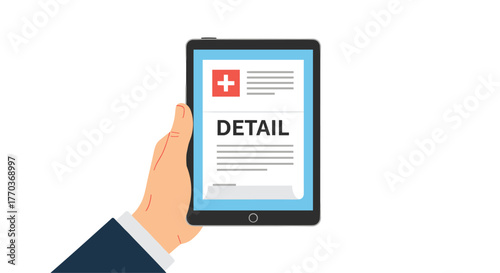 Professional reviewing medical report details on tablet screen, accessing patient information securely and efficiently