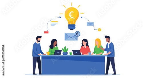 Dynamic business team collaborates on innovative ideas under a bright euro symbol lightbulb, fostering financial growth and success