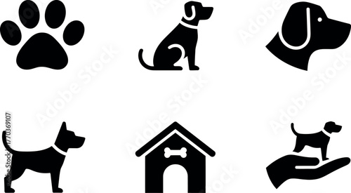 Set of six minimalist black and white pet icons featuring paw print dog cat house and human hand holding animal vector