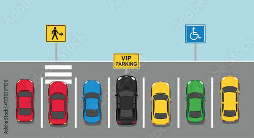 Convenient parking options including VIP, accessible, and pedestrian crossings with colorful cars in a lot