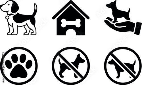 Minimalist black and white dog icons set pet care symbols for websites and apps vector