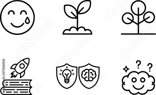 Set of six minimalist line art icons representing growth ideas learning and happiness vector