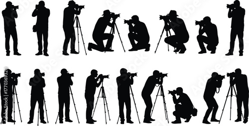 Photographer silhouettes in dynamic poses with cameras and tripods, vector illustration for creative, media, and lifestyle design themes