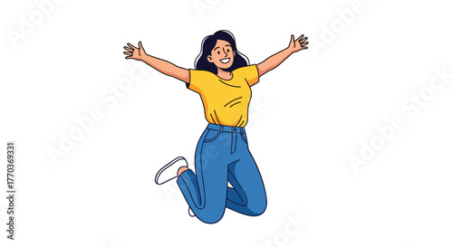Joyful woman in yellow top and blue jeans leaping with arms outstretched in vibrant celebration