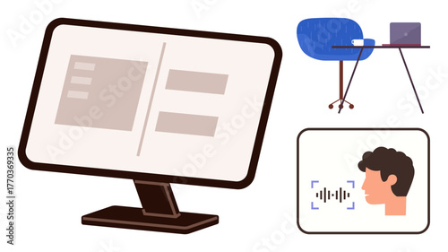 Computer monitor with UI layout, voice recognition with user interface, minimal desk with chair and laptop. Ideal for technology, remote work, home office, digital tools, productivity, voice