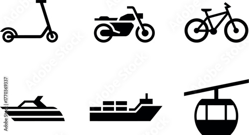 Six black and white icons representing diverse transportation modes for modern life vector