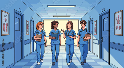 Diverse team of smiling healthcare professionals walking down a bright hospital corridor, ready to care for patients with dedication