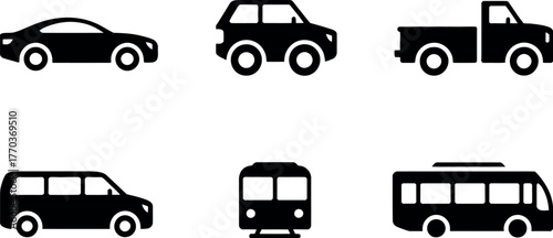 Minimalist black icons set of six different vehicles for transportation and travel vector