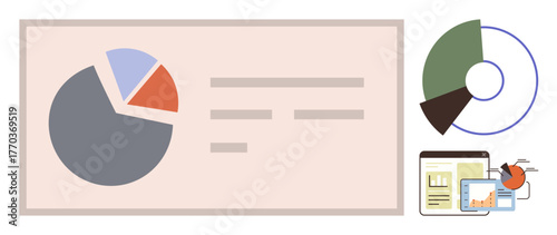 Pie chart and data on presentation board, circular graph, analytic tools on tablet, desktop. Ideal for business, statistics, research, education analytics report planning visualization. Simple