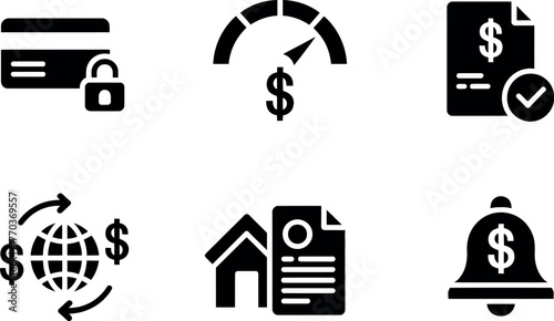Set of 6 black and white financial icons representing security payments credit score global finance and real estate vector