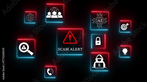 Glowing neon Scam alert warning. cybersecurity concept. Woman using laptop, warning sign for scams with icons representing online threats, phishing. 4k video motion graphic of scam alert concept.