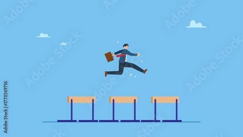 Confident businessman leader jump high over 3 hurdles to be winner. Success to win in business competition, overcome obstacles or motivation to solve problem and lead company achievement.