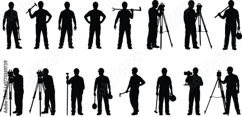Construction worker silhouettes with tools and gear, labor and engineering vector illustration for industry, safety, and occupational themes
