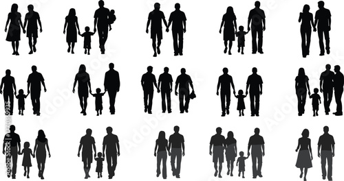 Family silhouettes in diverse group poses, parents and children vector illustration for social, demographic, and lifestyle design themes