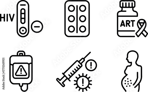 Set of six medical health icons hiv art infusion syringe virus and pregnancy symbols vector