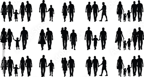 Family and social group silhouettes in diverse poses, adults and children vector illustration for lifestyle, demographic, and design themes