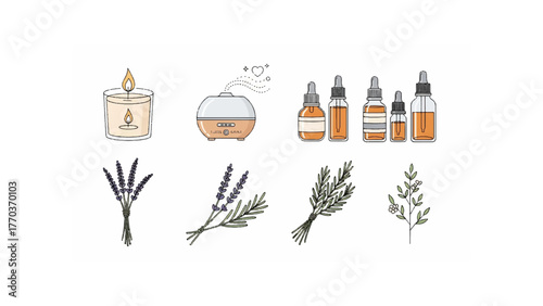 Aesthetic arrangement of candle, diffuser, essential oil bottles, and lavender and rosemary sprigs displayed