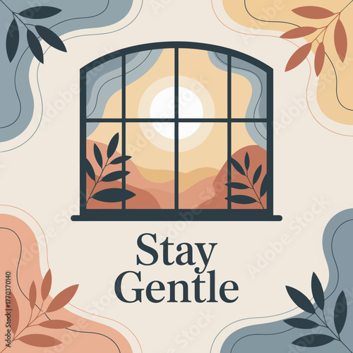 Serene birthday greeting card design cozy window view gentle message autumn leaves soft colors celebration vector