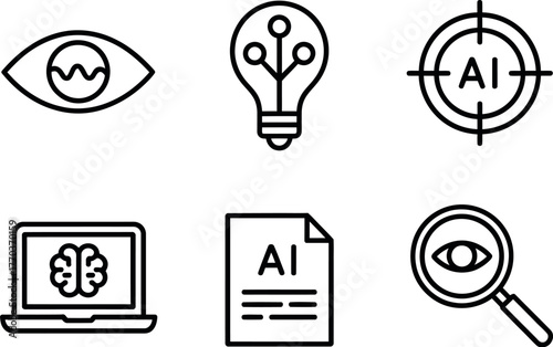 Minimalist ai icon set eye bulb target laptop document magnifying glass art vector