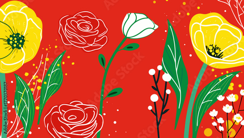 A vibrant floral arrangement with yellow and white flowers on a red background creating a botanical scene