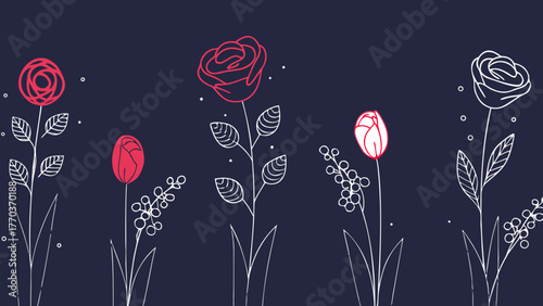 Stylized floral arrangement featuring roses, tulips and berries on a dark blue background design element