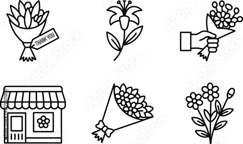 Six black and white line art icons representing flowers flower shop and flower arrangements vector