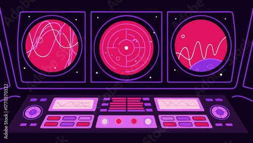 A retro futuristic control panel featuring three screens with radar and waveform displays in shades of pink