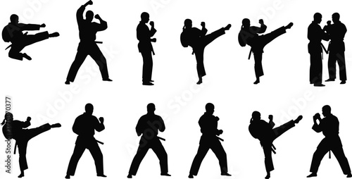 Karate silhouettes in dynamic stances and techniques, martial arts vector illustration for sports, training, and fitness design themes
