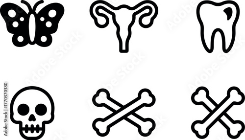 Set of six black and white medical and anatomical icons for healthcare design elements vector