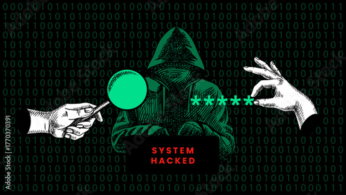 Trendy collage of sketch hacker with laptop, magnifier and password. Cybercrime, data risk, cybersecurity, privacy, banking, insurance, crypto exchange concept. Hand drawn vector illustration.