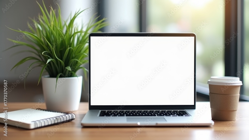 Fototapeta premium Blank laptop screen on wooden desk beside green plant notebook and takeaway coffee cup with copyspace in sunlit office, concept of remote work, digital marketing, freelance productivity