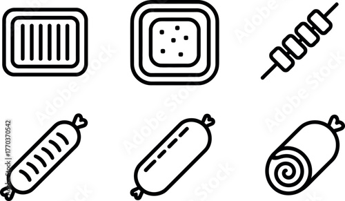 Six black and white line art icons representing food items like meat and skewers vector