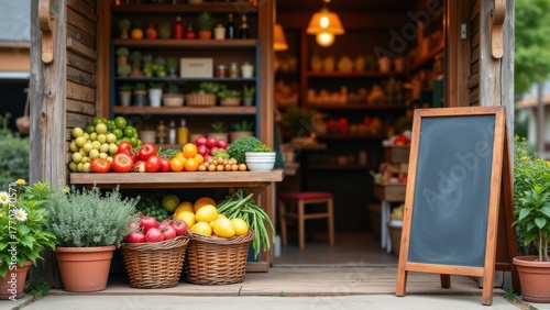 Fototapeta Naklejka Na Ścianę i Meble -  Blank chalkboard aframe sign on sunny sidewalk outside cozy shop entrance with orange cart and potted plant with copyspace, concept of cafe promotion, local retail, small business marketing