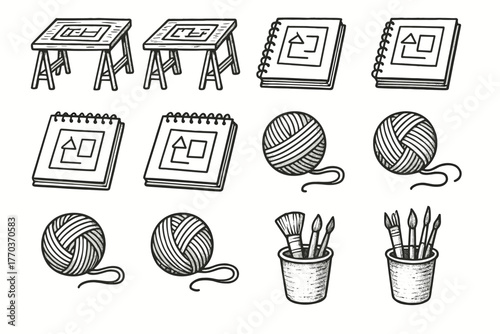 Cup brush yarn room table layout icons minimal icon vector artisan craft