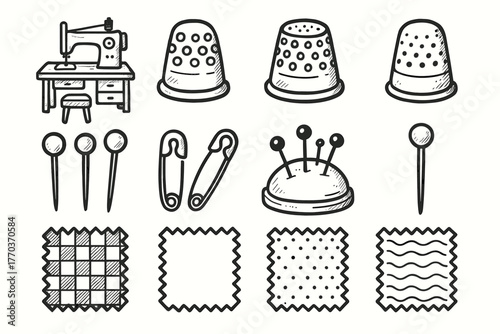 Workspace artistic thimble room icons swatch icon pins craft fabric vector creative