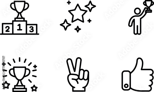 Set of six minimalist line art icons representing success achievement victory and recognition vector